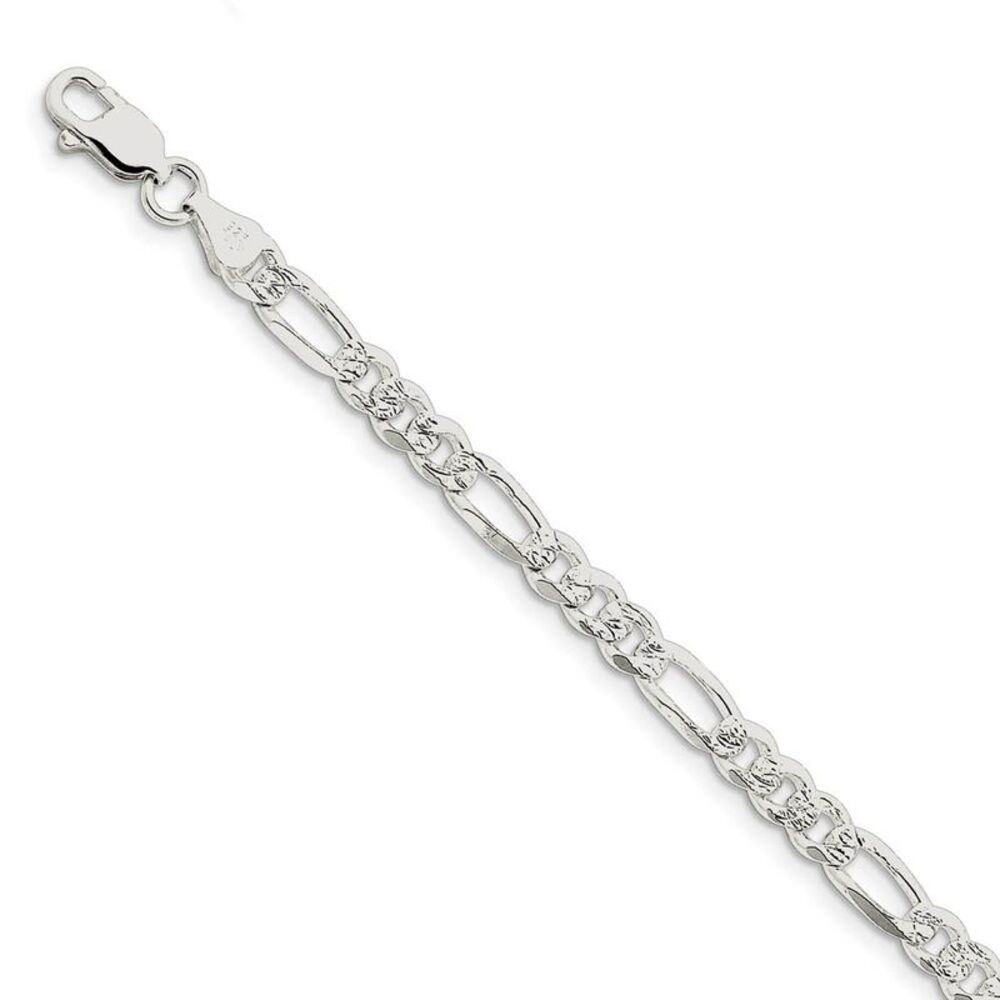 5.5mm, Sterling Silver, Pave Flat Figaro Chain Bracelet, 8 Inch